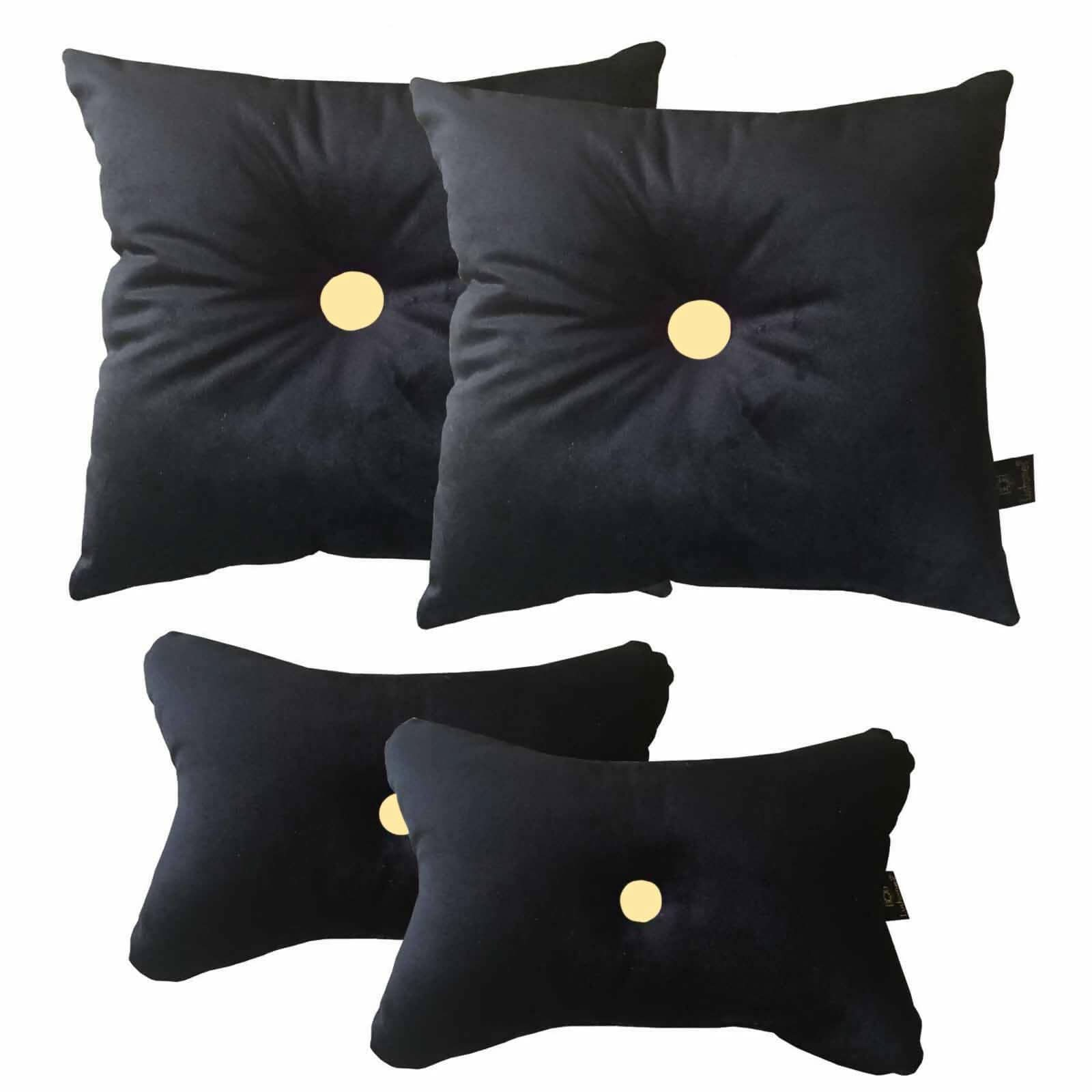 Lushomes car pillows and cushions, Black Velvet with Yellow, cushion for car, pillows for car, car pillow set of 4, car cushion set(2 pc Cushions-12 x 12 inches & 2 pcs Neck Rest Pillow 6x10 inch) - HalfPe