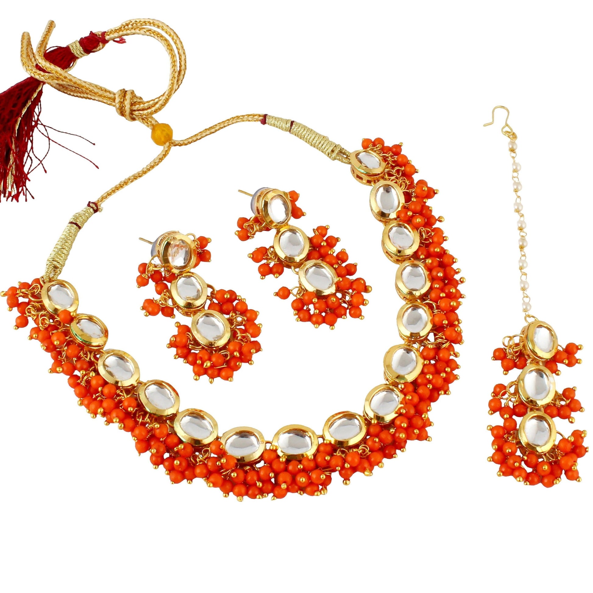 LUCKY JEWELLERY Back Meenakari 18k Gold Plated Orange Color Tika Earring Combo Uncut Big Faux Kundan Choker Necklace set - HalfPe