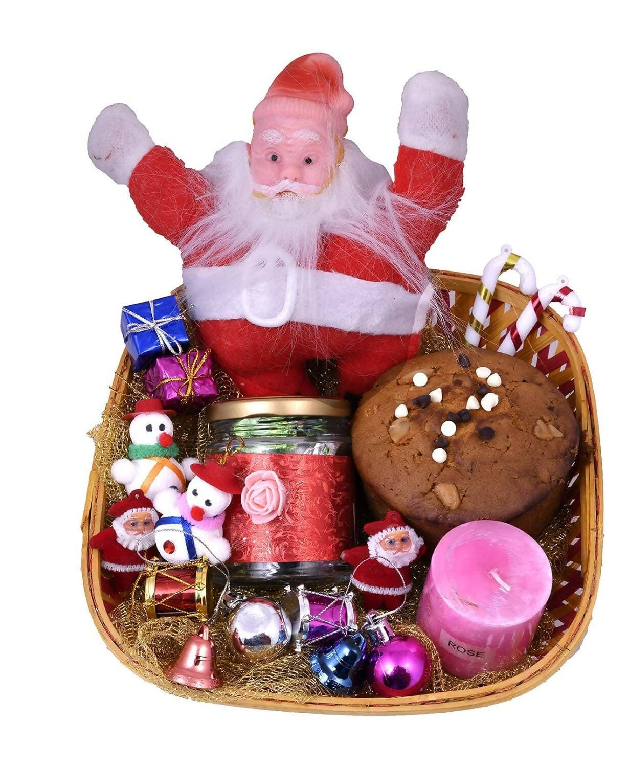 MANTOUSS Christmas Plum Cake and Chocolate Gift Hamper/ Basket - Christmas Plum Cake(200gms);Chocolate in a Glass jar,Santa Clause, Scented Candle,Card,Christmas Tree Decoration Set ,Santa Cap - HalfPe