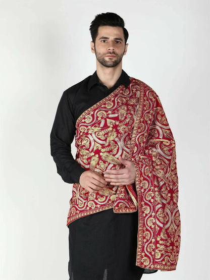 Red and Gold Paisley Patterned Embroidered Velvet Shawl - HalfPe