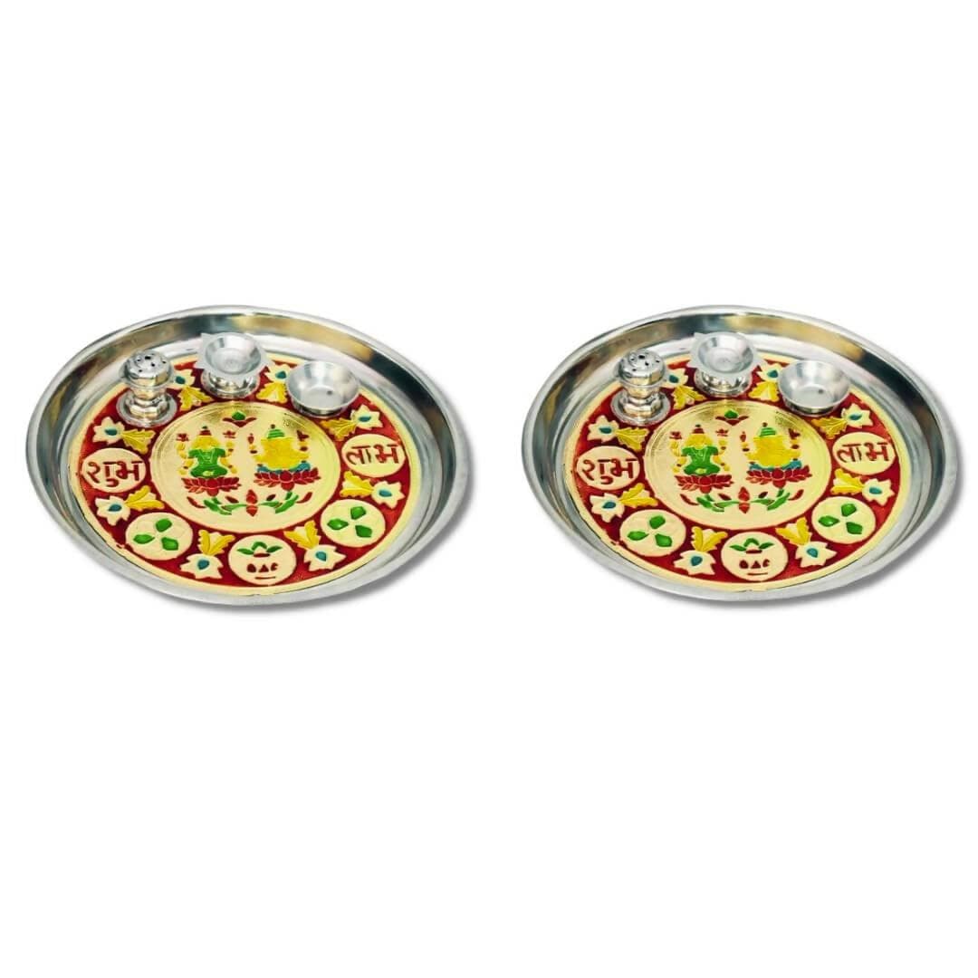 SHINI LIFESTYLE Stainless Steel Pooja thali with Printed laxmi ji & Ganesh ji - HalfPe