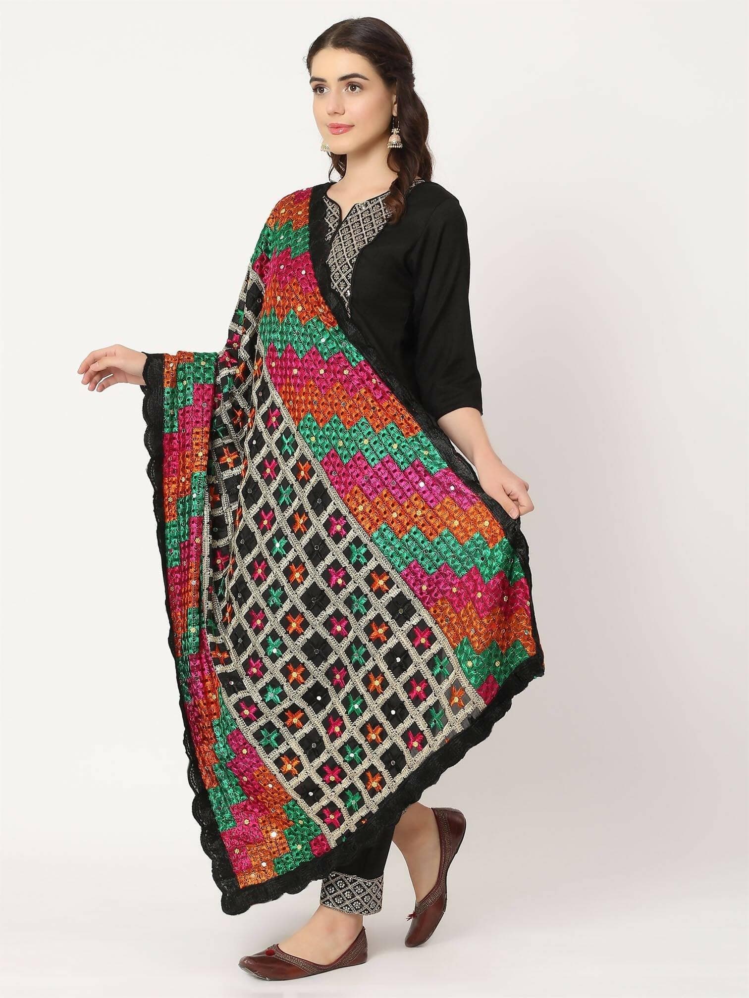 Black Multicolour Check Design Phulkari Dupatta - HalfPe