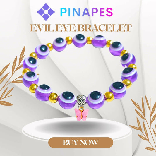 Pinapes Butterfly Beads and Evil Eye Charm Bracelet A Must-Have for Fashionable and Superstitious Women with pink butterfly (light violet) - HalfPe