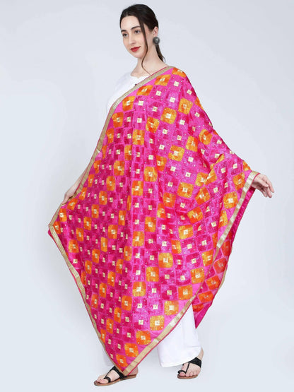 Multicolour Phulkari Dupatta (Magenta and Orange) - HalfPe