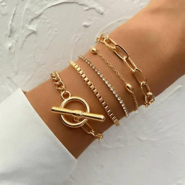 Pinapes 5pcs/set Trendy Gold Color Punk Style Chain Bracelet Female Personality Lock Crystal Exquisite Bracelets Jewelry - HalfPe