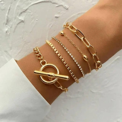 Pinapes 5pcs/set Trendy Gold Color Punk Style Chain Bracelet Female Personality Lock Crystal Exquisite Bracelets Jewelry - HalfPe