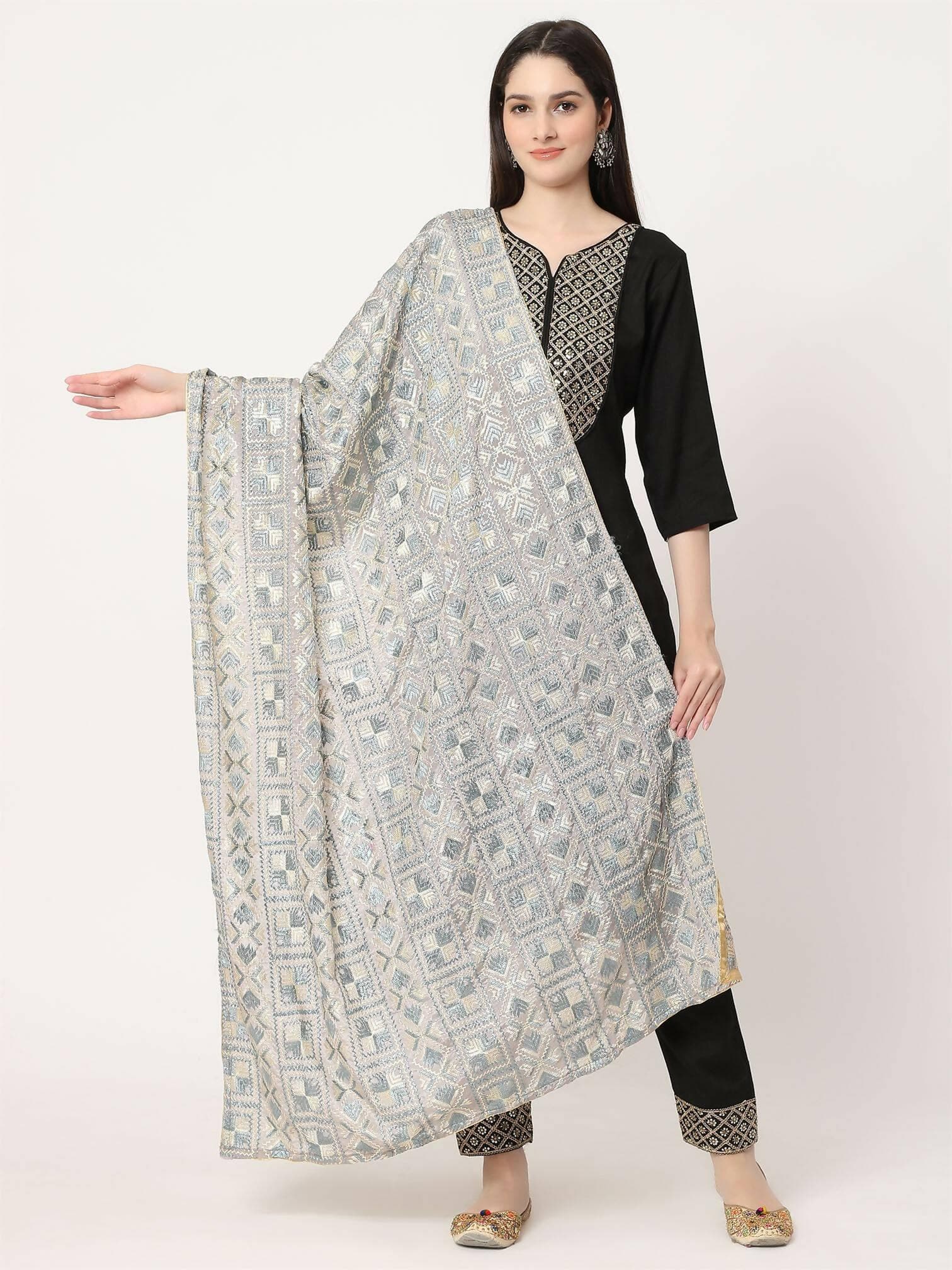 Grey and Off white Embroidery Phulkari Dupatta - HalfPe