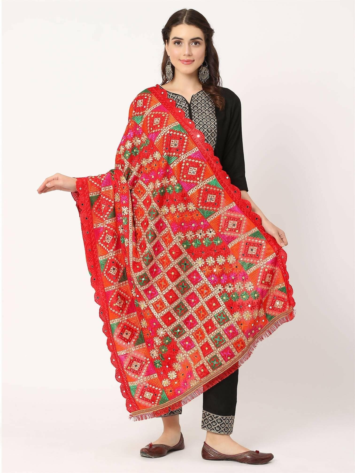 Red Check Design Mullticolour Embroidery Phulkari Dupatta with Beads - HalfPe