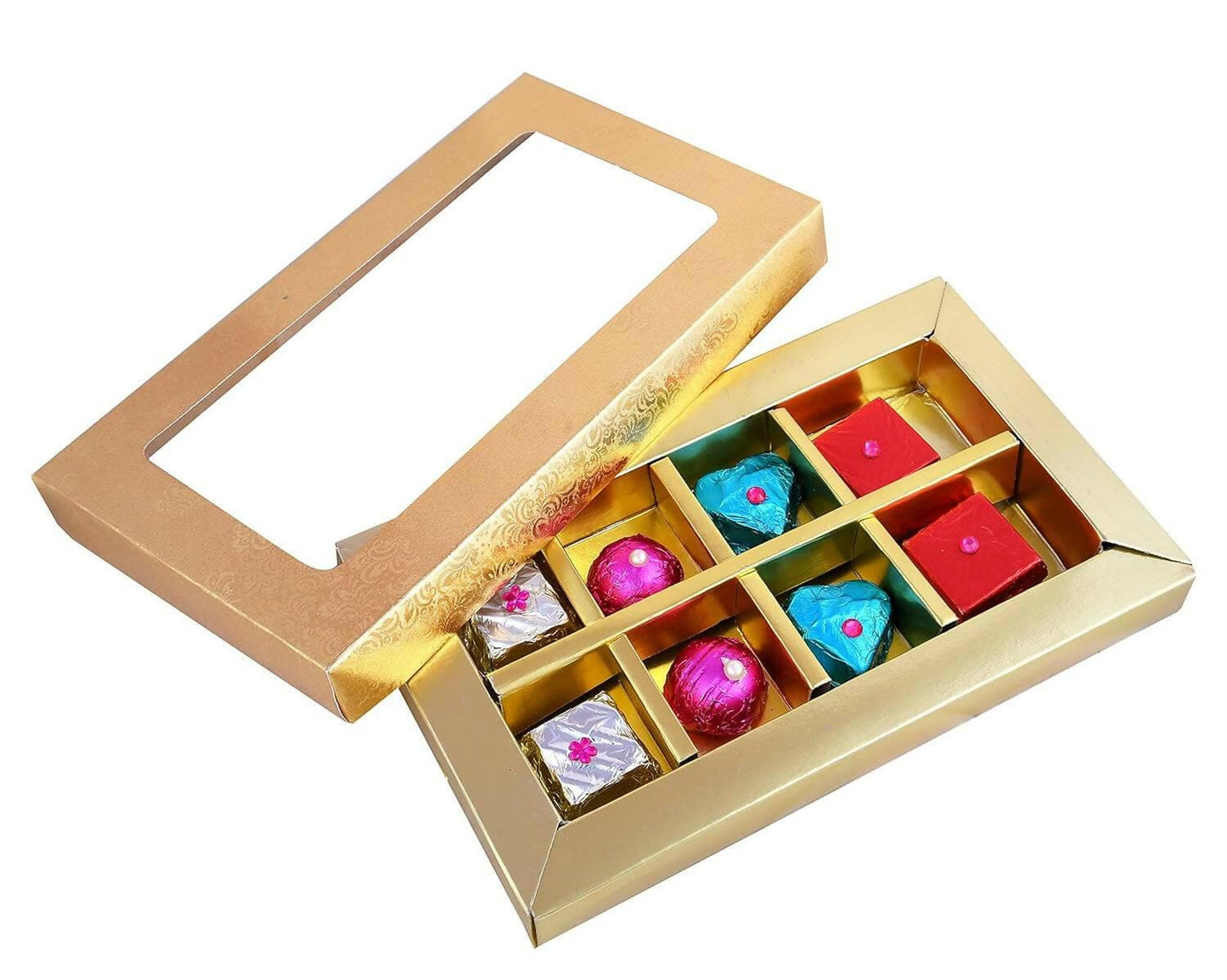 MANTOUSS Diwali Gift Pack/Chocolate Sweets Gift Box for Diwali-Basket+8pcs Box+Mix Dry Fruits in a Glass jar+Marshmallow in a Glass jar++2 Cute Diya+4 Rangoli Colours+Diwali Greeting Card - HalfPe