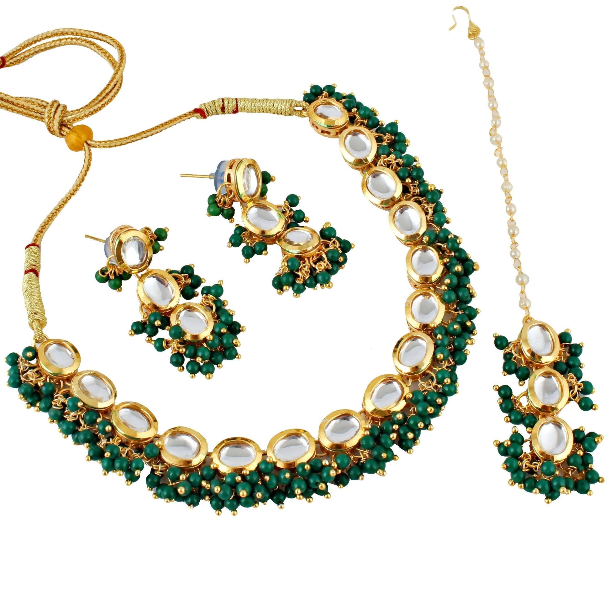 LUCKY JEWELLERY Back Meenakari 18k Gold Plated Green Color Tika Earring Combo Uncut Big Faux Kundan Choker Necklace set (796-J5SK-1811-G) - HalfPe