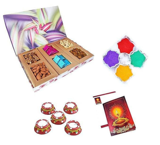 MANTOUSS Premium dry fruit and delicious chocolate combo-Cashew,Almond,Walnut and Raisin (50gms each)+10 pieces of chocolate,300 gms + 2 Matki wax filled diya, Diwali Greeting Card and rangoli colours - HalfPe