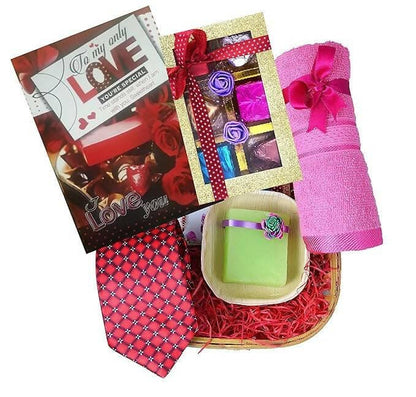 MANTOUSS Valentines Day Gift for Girlfriend/Boyfriend/Husband/Wife/Fiance-Beautiful Basket+Chocolates in a Decorated Box+handmade soap+hand towel+Men's Neck Tie+Card - HalfPe