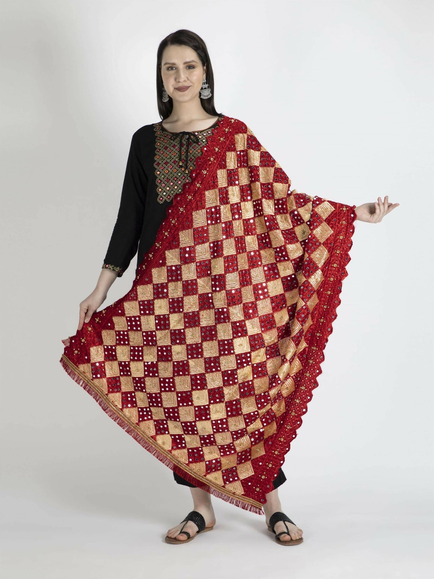 Phulkari Dupatta with Mirror Work (red) - HalfPe