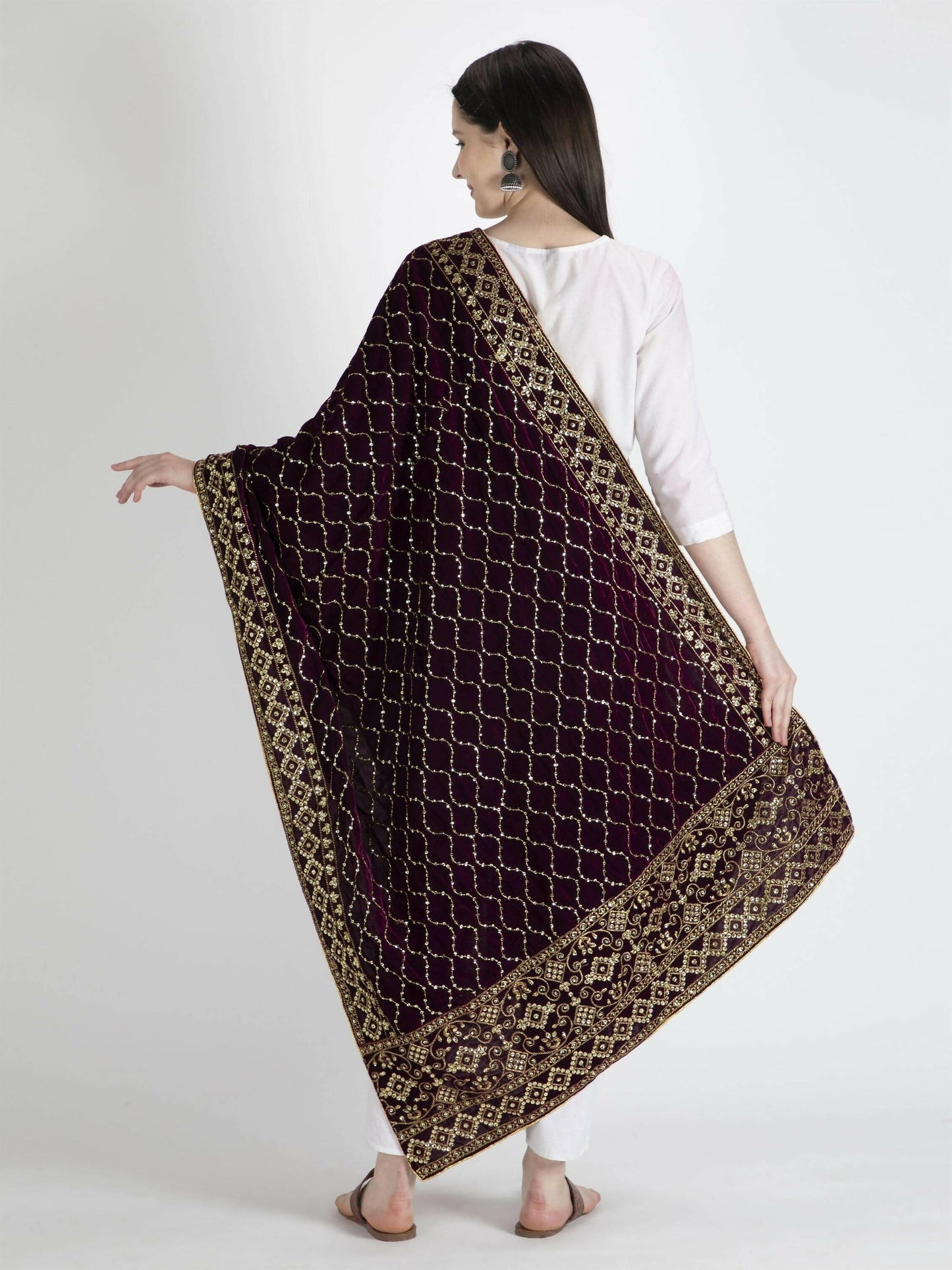 Brown Embroidered Shawl Dupatta For Women - HalfPe