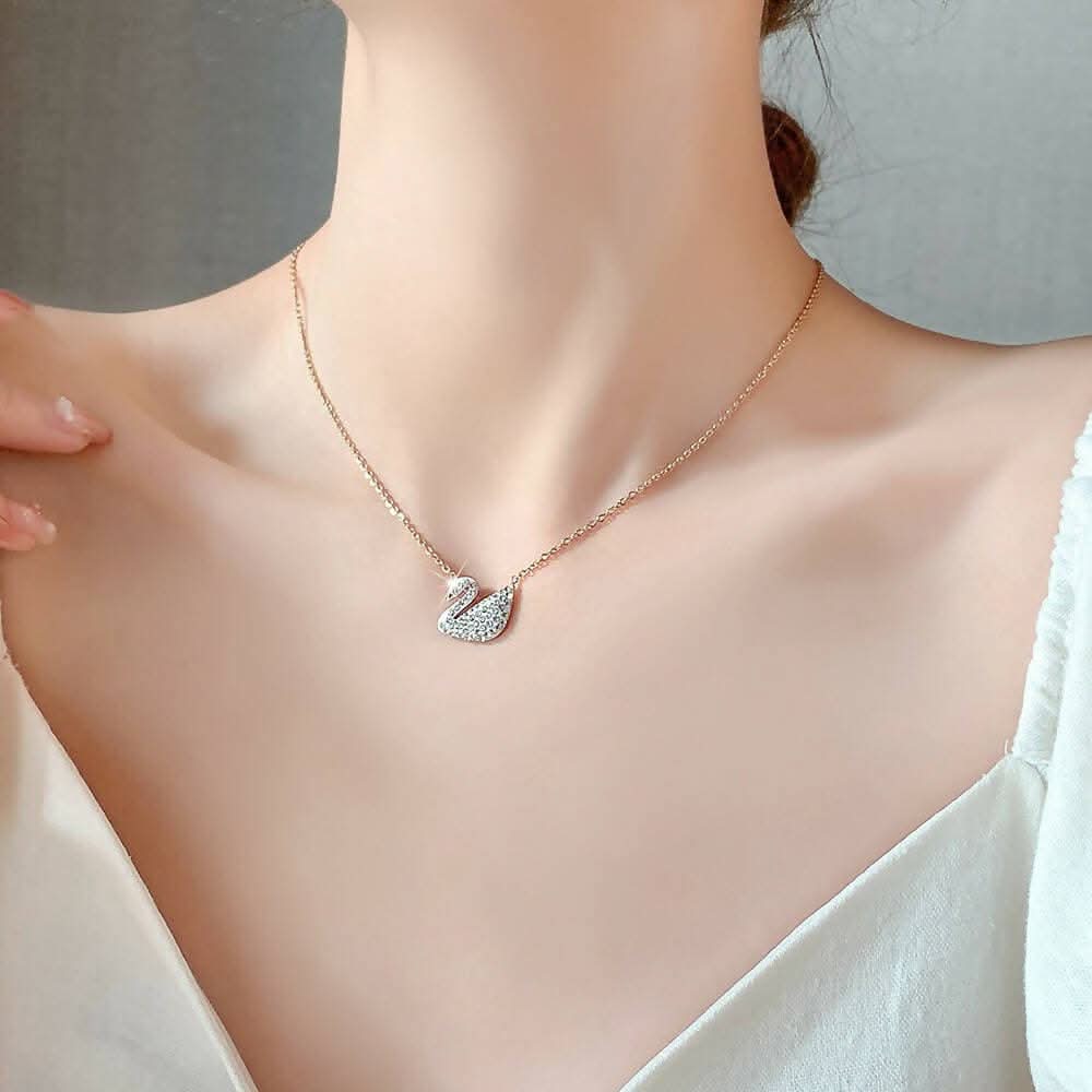 Pinapes Swan Bird Chain Pendant White Micro Rose Gold Plated Swarovski Brass Bird Necklace For Women And Girl - HalfPe
