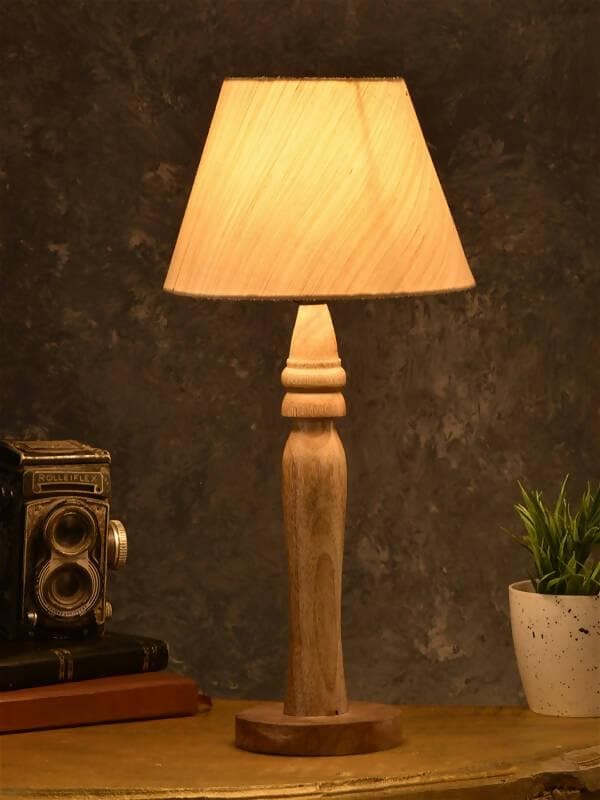 Green Girgit Round Brown Lamp With Taper Off White Cotton Shade - HalfPe