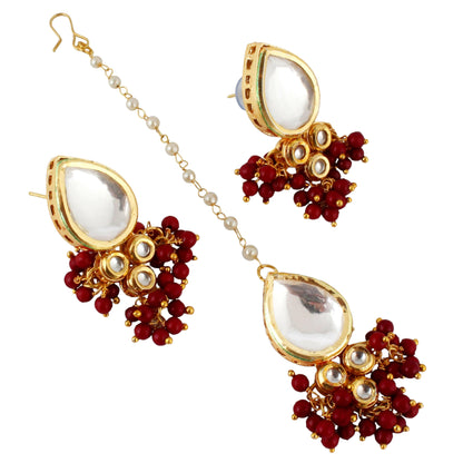 LUCKY JEWELLERY Back Meenakari 18k Gold Plated Maroon Color Tika Earring Combo Uncut Big Faux Kundan Choker Necklace set - HalfPe