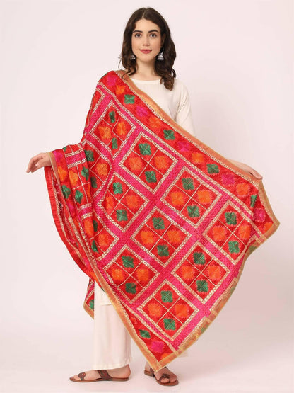 Embroidery Phulkari Dupatta (Red Multicolour) - HalfPe