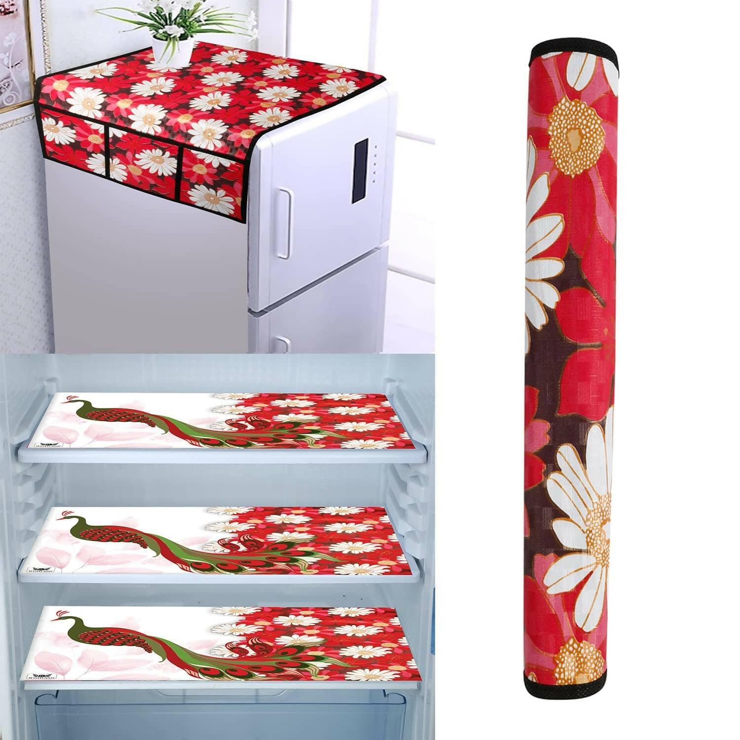 WISHLAND Single Door Fridge Cover Combo Set of 1 Fridge Cover + 1 Fridge Handle Cover + 3 Multipurpose Fridge Mats (Red) - HalfPe