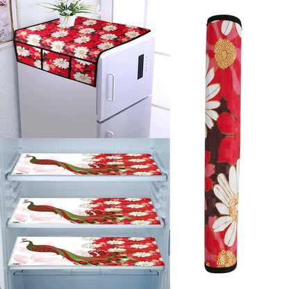 WISHLAND Single Door Fridge Cover Combo Set of 1 Fridge Cover + 1 Fridge Handle Cover + 3 Multipurpose Fridge Mats (Red) - HalfPe