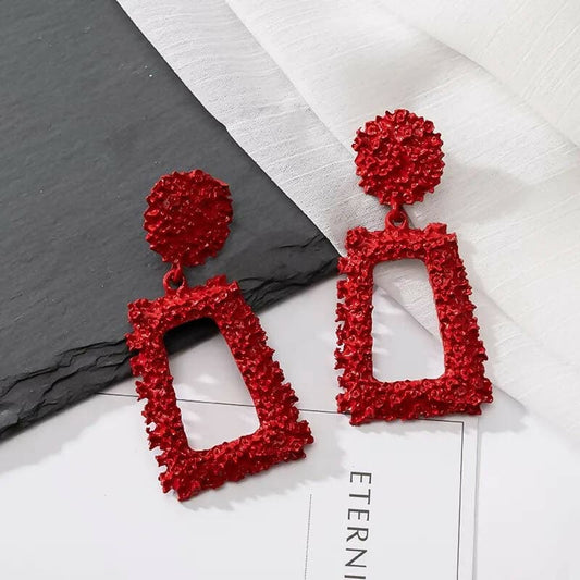 Pinapes Rectangle Geometric Metallic Earrings (Red) - HalfPe