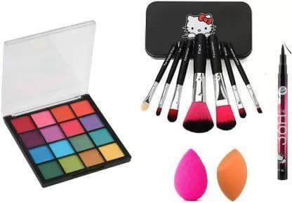 Bingeable HRK-102(2) Mini Eye Shadow Palette & Professional Set of 7 Makeup Brush & 2 Pcs Makeup Sponges Blender Puff& 36h Eyeliner (11 Items in the set) - HalfPe