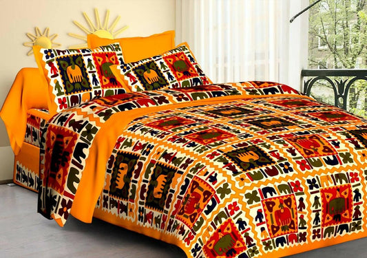 Jaipuri traditional Character Pattern Design queen size cotton bedsheet with two pillow cover - HalfPe