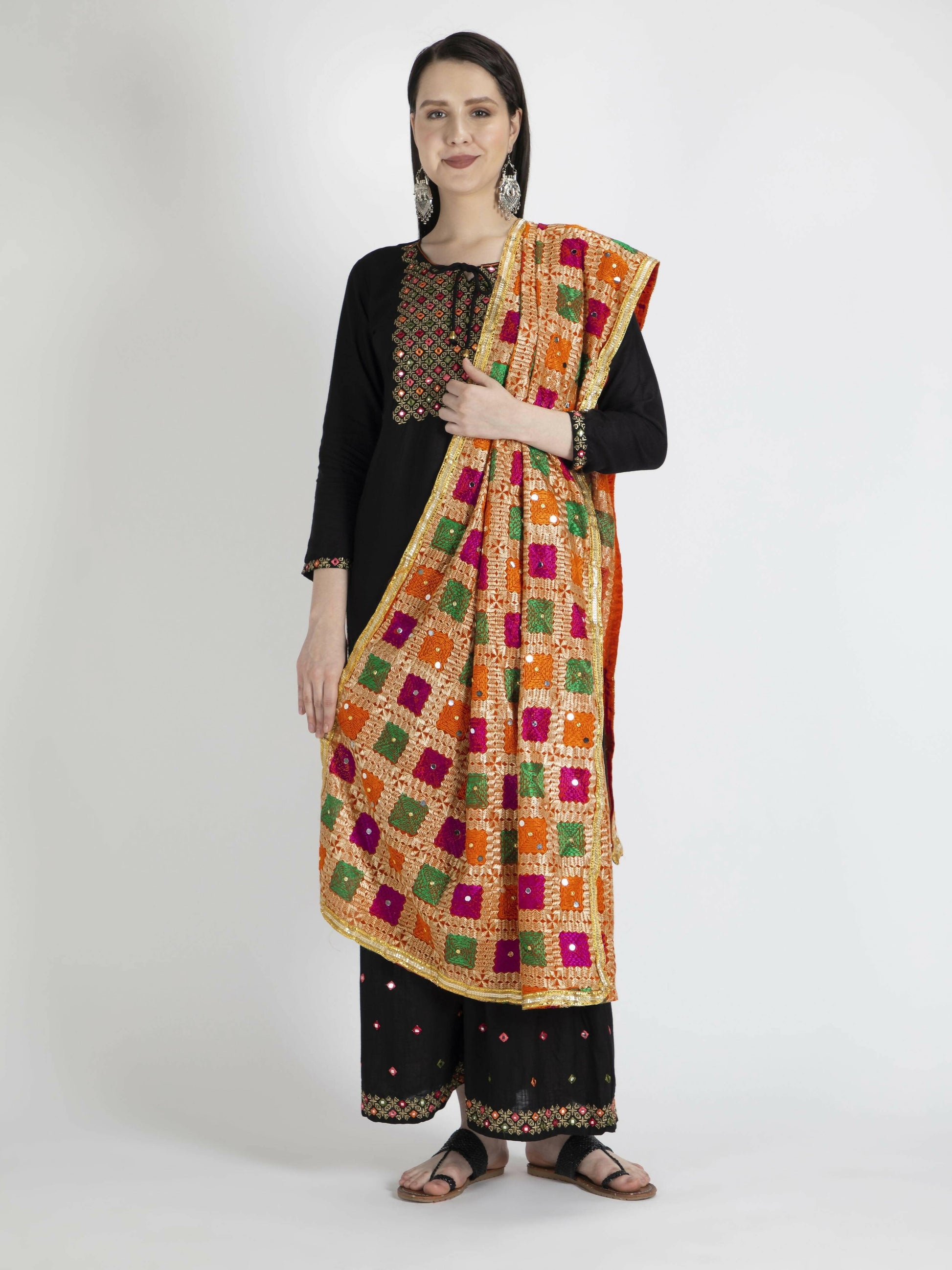 Phulkari Dupatta with Mirror Work (multi color designs) - HalfPe