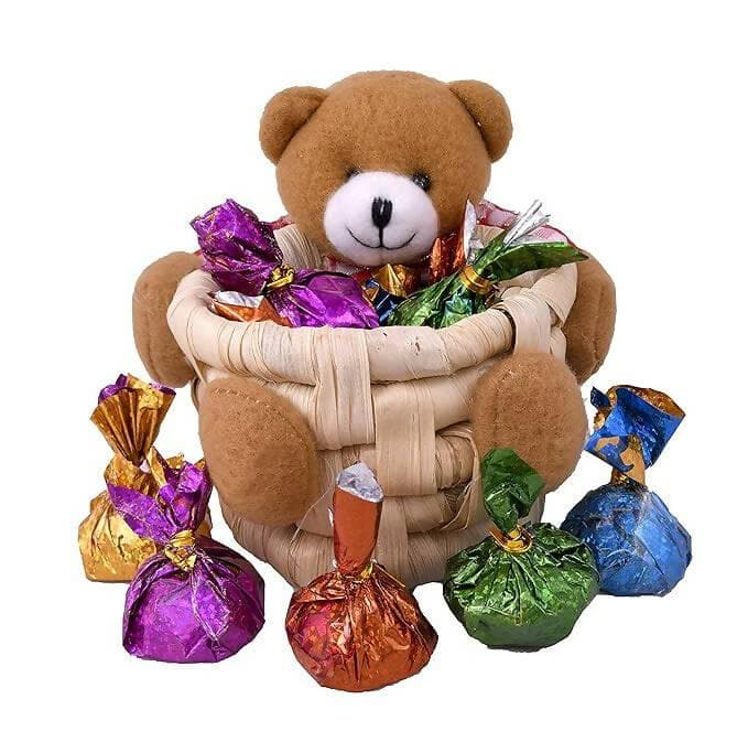 MANTOUSS Special Valentine Day Gift Hamper/Basket-Decorated Basket+Soft Teddy Bear Basket Filled with Chocolates+Heart Shaped Love Candle+2 Shot Glasses+Fur Love Heart+Love Message Bottle+ Love Card - HalfPe