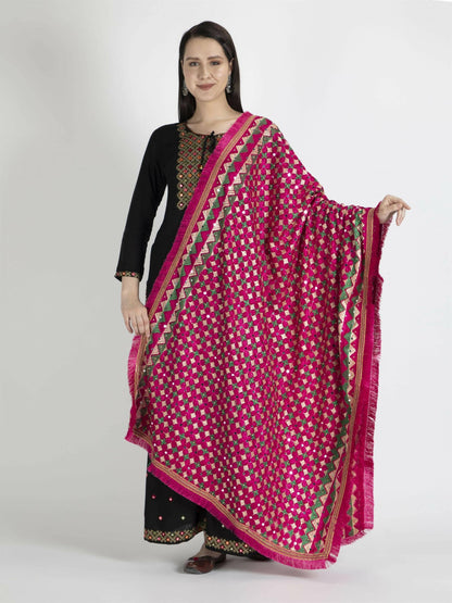 Phulkari Dupatta with Mirror Work (Magenta Green) - HalfPe