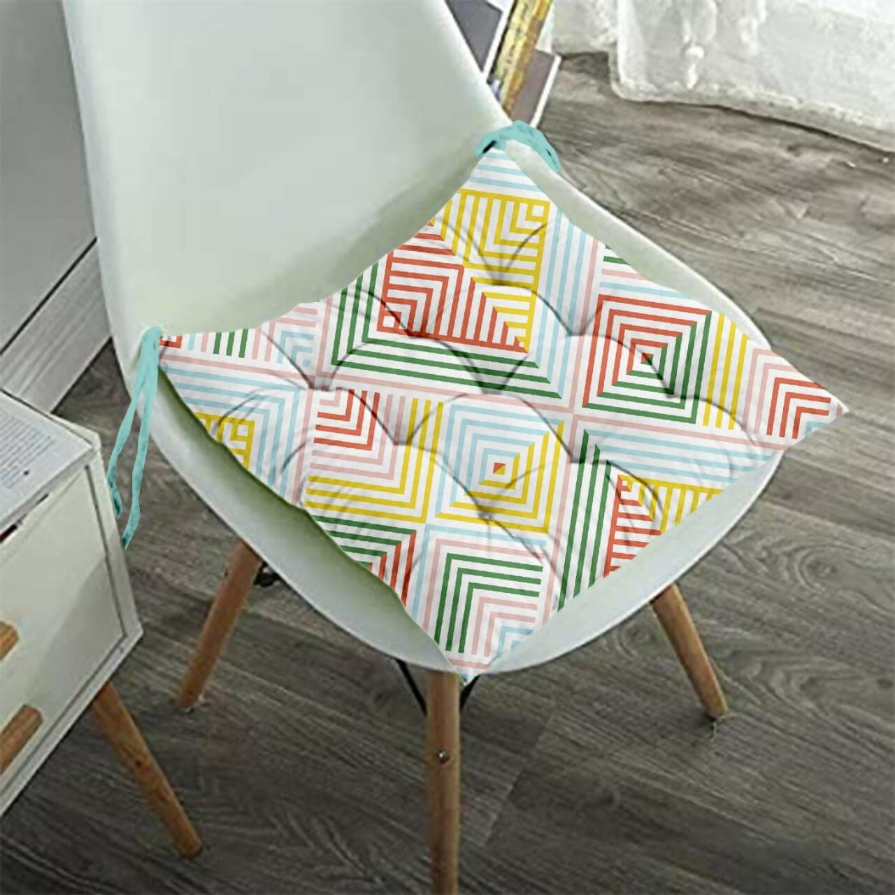 Lushomes Printed Chair Pads, dining chair Cotton Cushion with 36 Knots and 4 Strings, driver seat cushion for car, cushion for car, cushion for rocking chair(40 x 40 cms, Single Pc, Rainbow diamond) - HalfPe