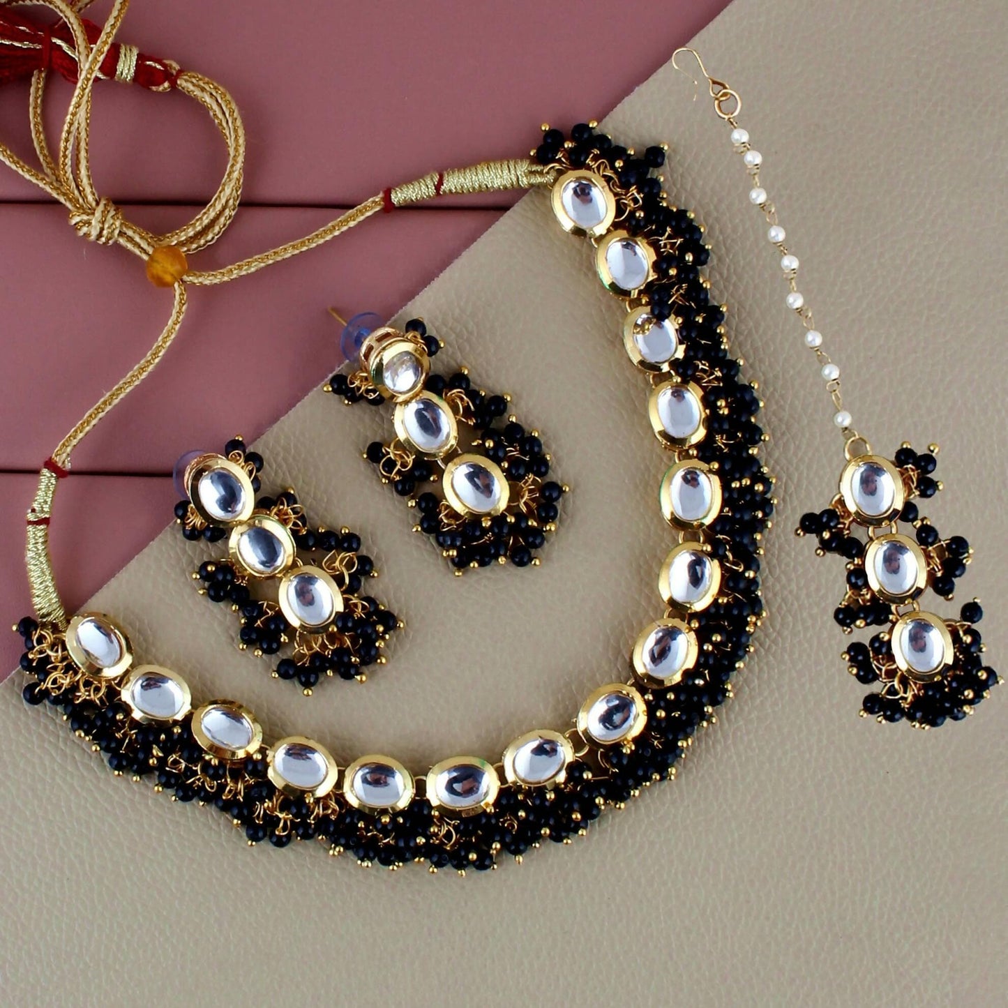 LUCKY JEWELLERY Back Meenakari 18k Gold Plated Black Color Tika Earring Combo Uncut Big Faux Kundan Choker Necklace set (796-J5SK-1811-BL) - HalfPe