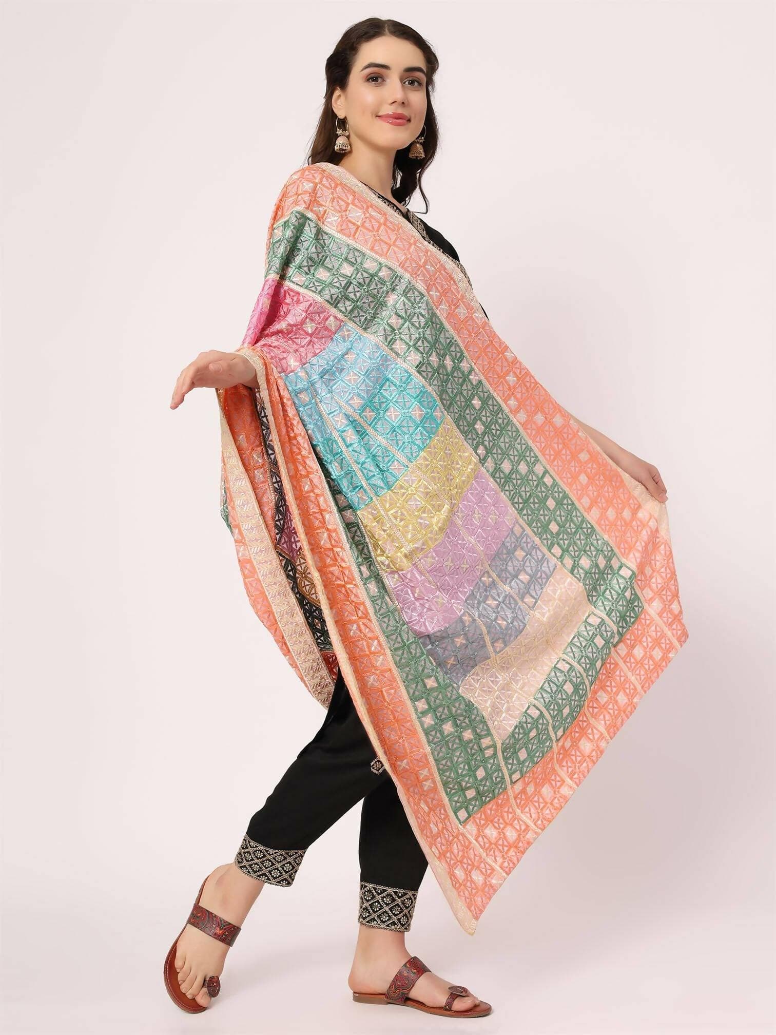 Pastel Colours Embroidery Phulkari Dupatta - HalfPe