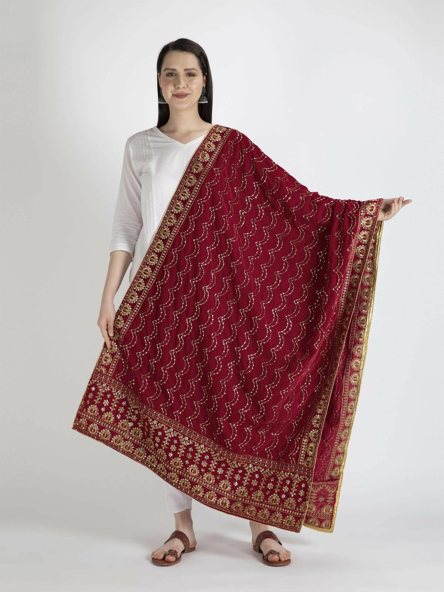 Red Embroidered Dupatta For Women - HalfPe