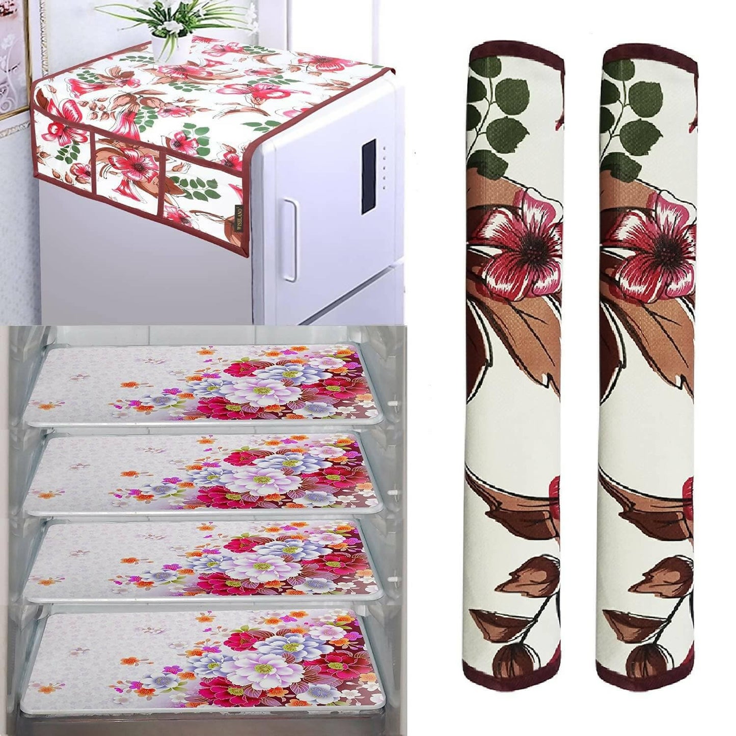 WISHLAND 1 Pc Fridge Cover for Top with 6 Pockets + 2 Handle Cover + 4 Fridge Mats( Fridge Cover Combo Set of 7 Pcs, red flower) - HalfPe