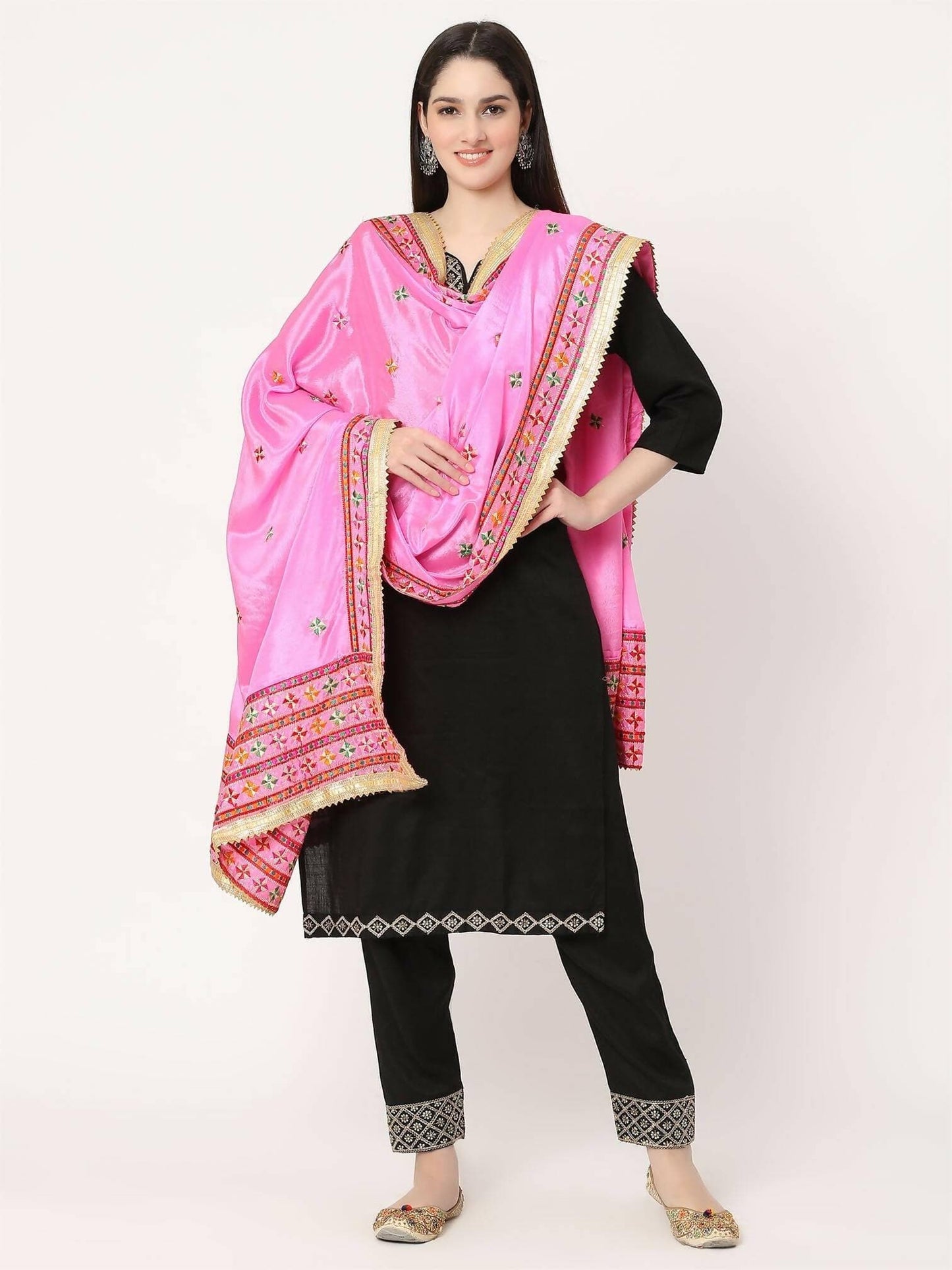 Pink Muliticolour Phulkari Embroidery Dupatta - HalfPe