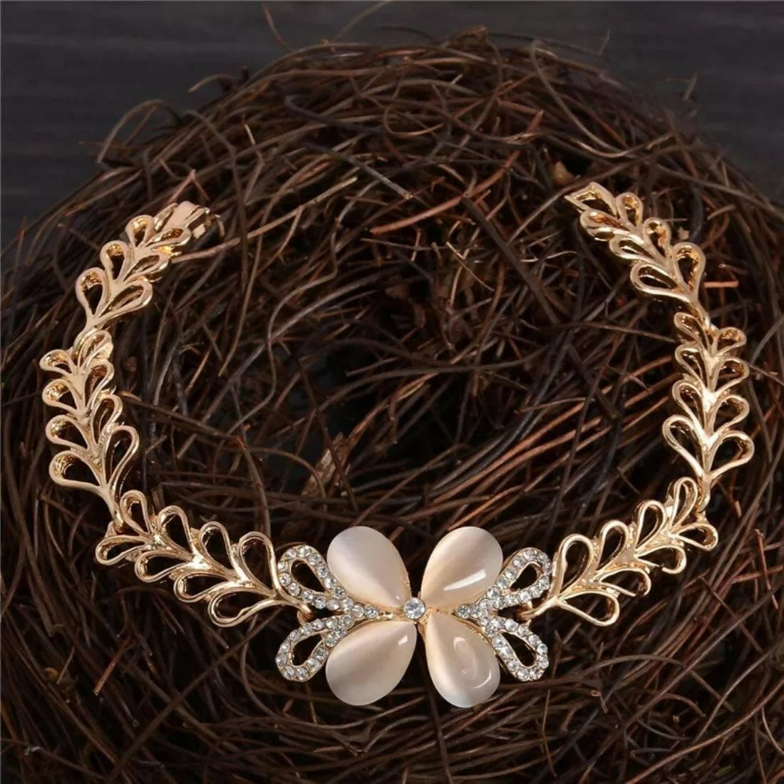 SENECIO Luxury Collection Cat's Eye Opal Floral Leaf Braid Gold Plated Bracelet - HalfPe