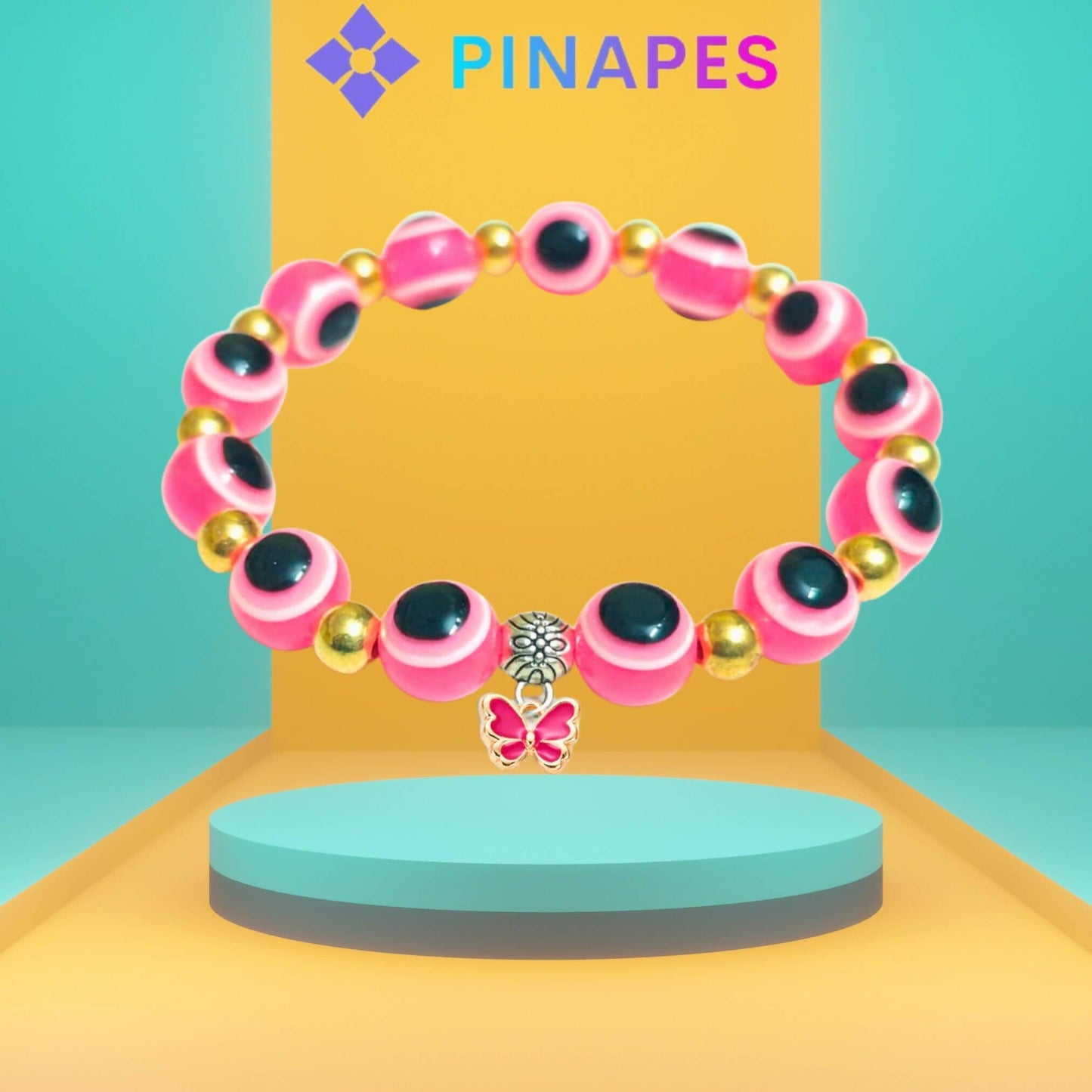 Pinapes Stylish Evil Eye Bracelet with Butterfly Pendant Ward off Negativity with Artificial Beads (Pink) - HalfPe