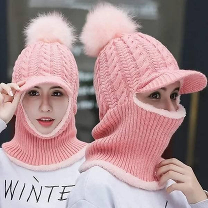 Woven Women And Girls Warm Winter Knitted Hats Add Fur Lined That Cover Face With Attached Neck Cover And Mask, Warmer Balaclava Pompoms Cap - HalfPe