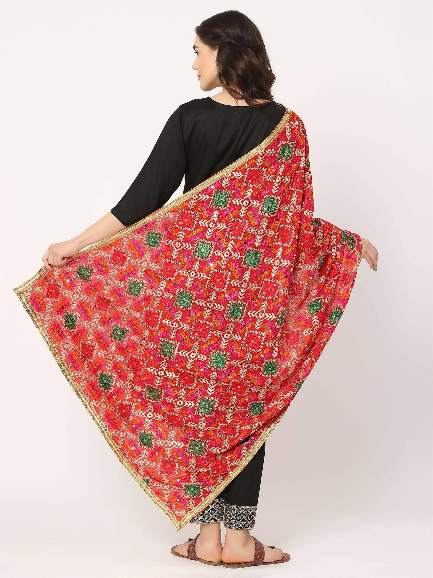 Red Multicolour Embroidery Phulkari Dupatta - HalfPe