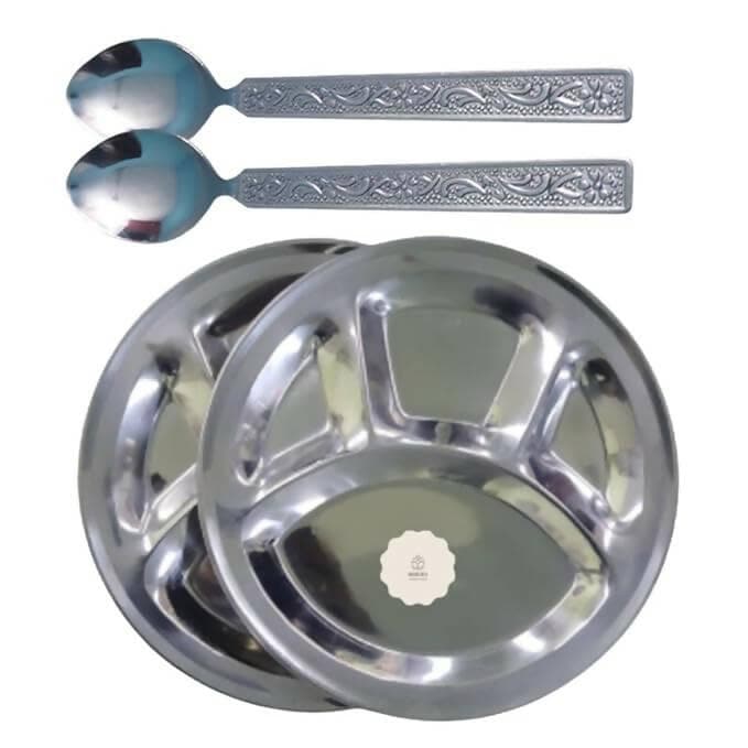 SHINI LIFESTYLE Bhojan Thal, 4 Column, Thali Sectioned Plate 2pc with Spoon Set (pack of 4) - HalfPe