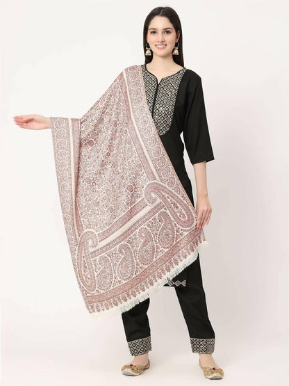 White and Brown Paisley Wool Stole for women - HalfPe