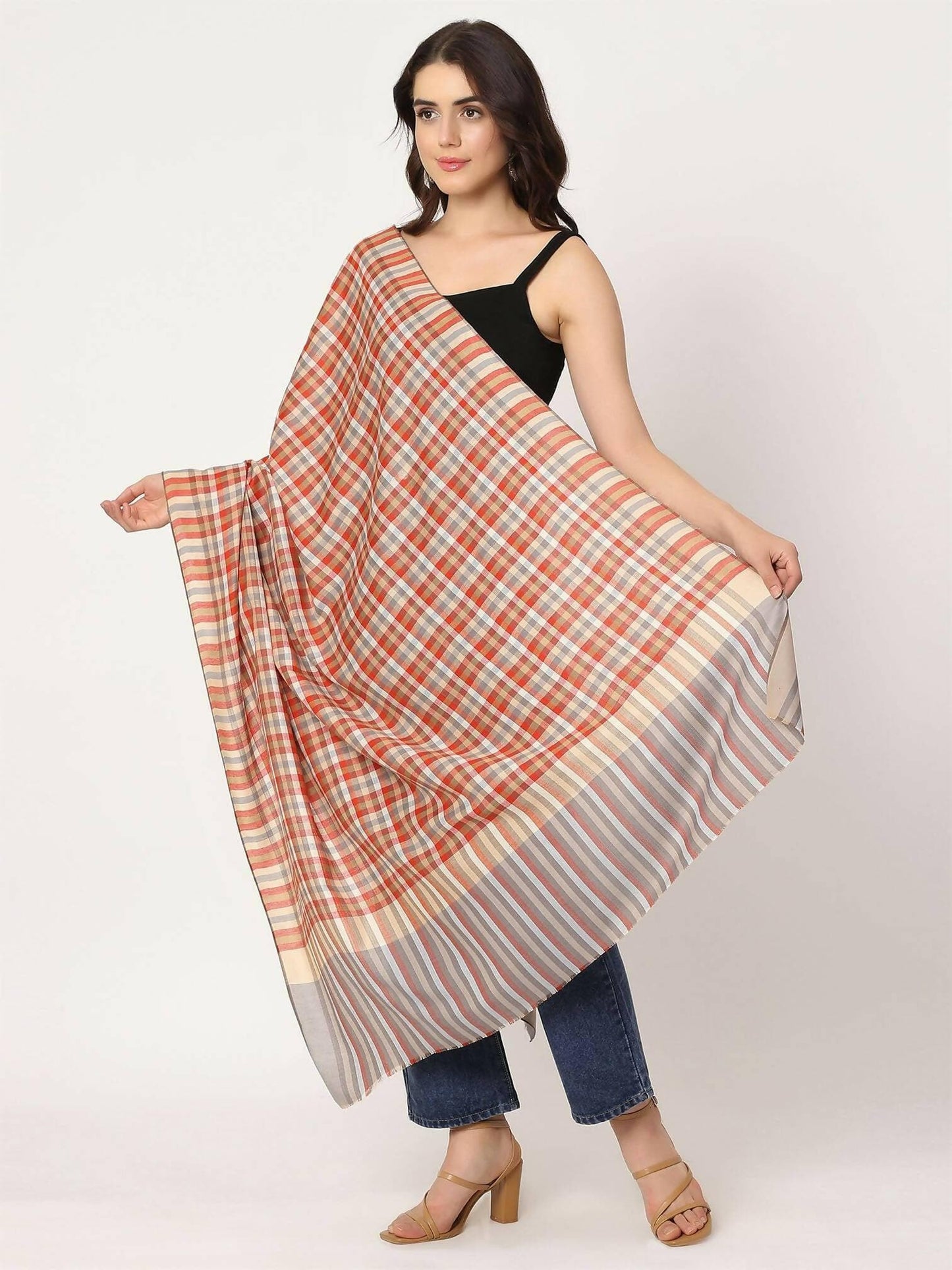 Grey Brown Multicolour Check Shawl for women - HalfPe