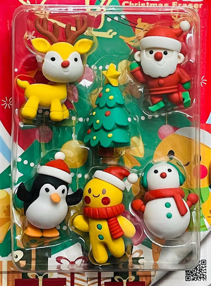 Le Delite Santa Claus Christmas Tree Reindeer Snowman Xmas Theme Combo of 6 Erasers & 1 Rainbow Pencil - HalfPe