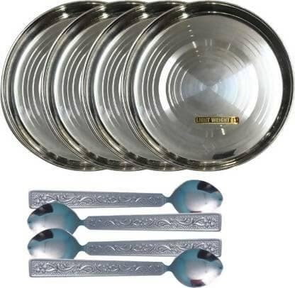 SHINI LIFESTYLE Stainless-Steel Plate, laser design, Dinner Plate 4pc with Spoon 4 pcs combo pack (8 pcs) - HalfPe