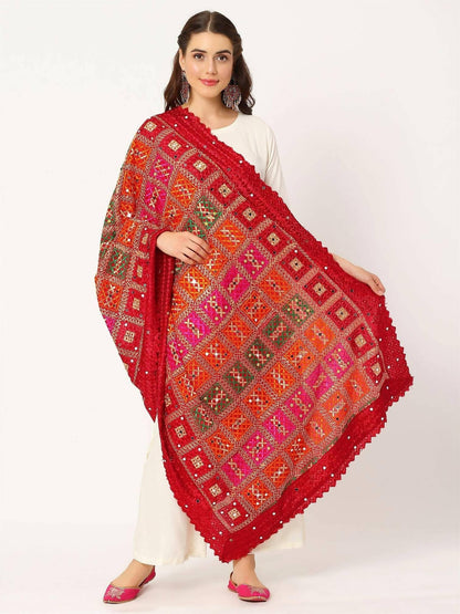 Maroon Multicolour Embroidery Phulkari Dupatta with Mirror Work - HalfPe