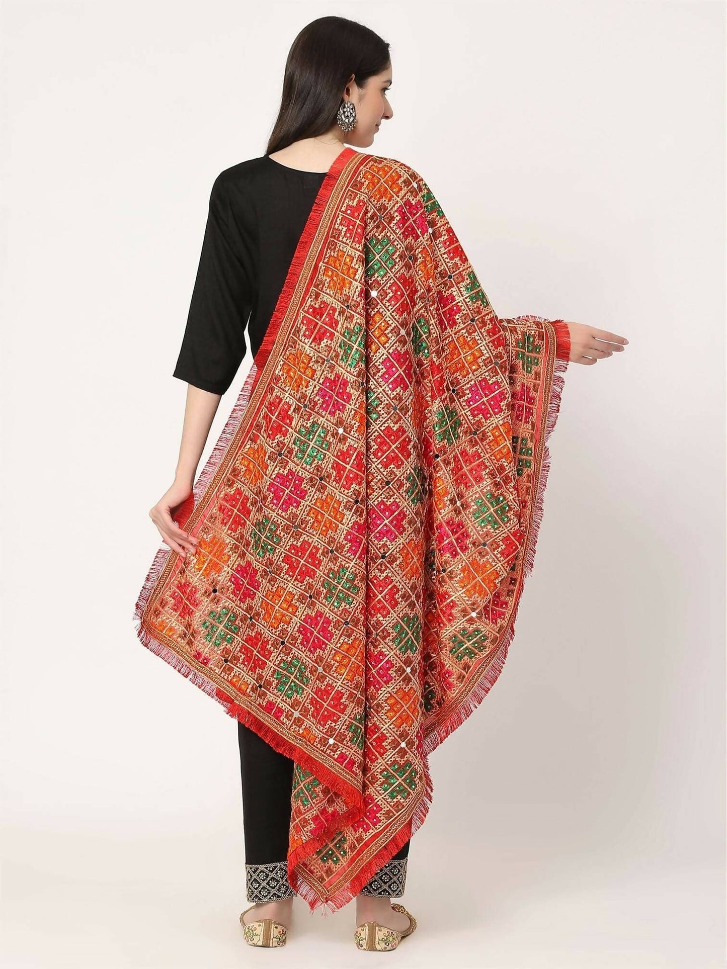 Maroon Multicolour Embroidery Phulkari Dupatta with Mirror Work - HalfPe