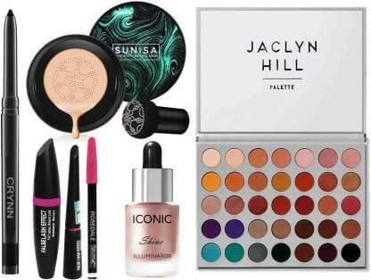 Crynn Smudge Proof Waterproof Long Lasting Kajal & Korean Mushroom Air Cushion Sunisa CC Cream Foundation & Rosedale 3in1 Eyeliner , Mascara , Eyebrow Pencil & Professional Iconic Shine Illuminator Highlighter & Jaclyn Hill Professional Eyeshadow Palette - HalfPe