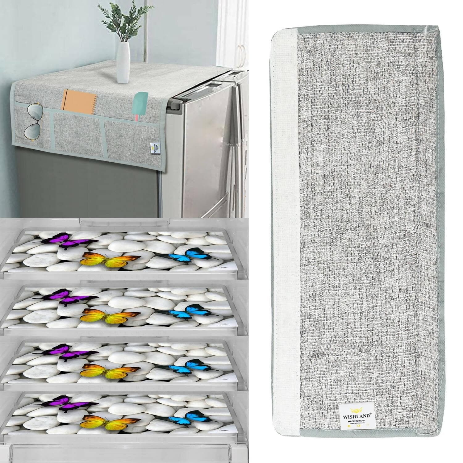 WISHLAND 1 Pc Fridge Cover for Top with 6 Pockets + 1 Handle Cover + 4 Fridge Mats ( Pack of 6) - HalfPe