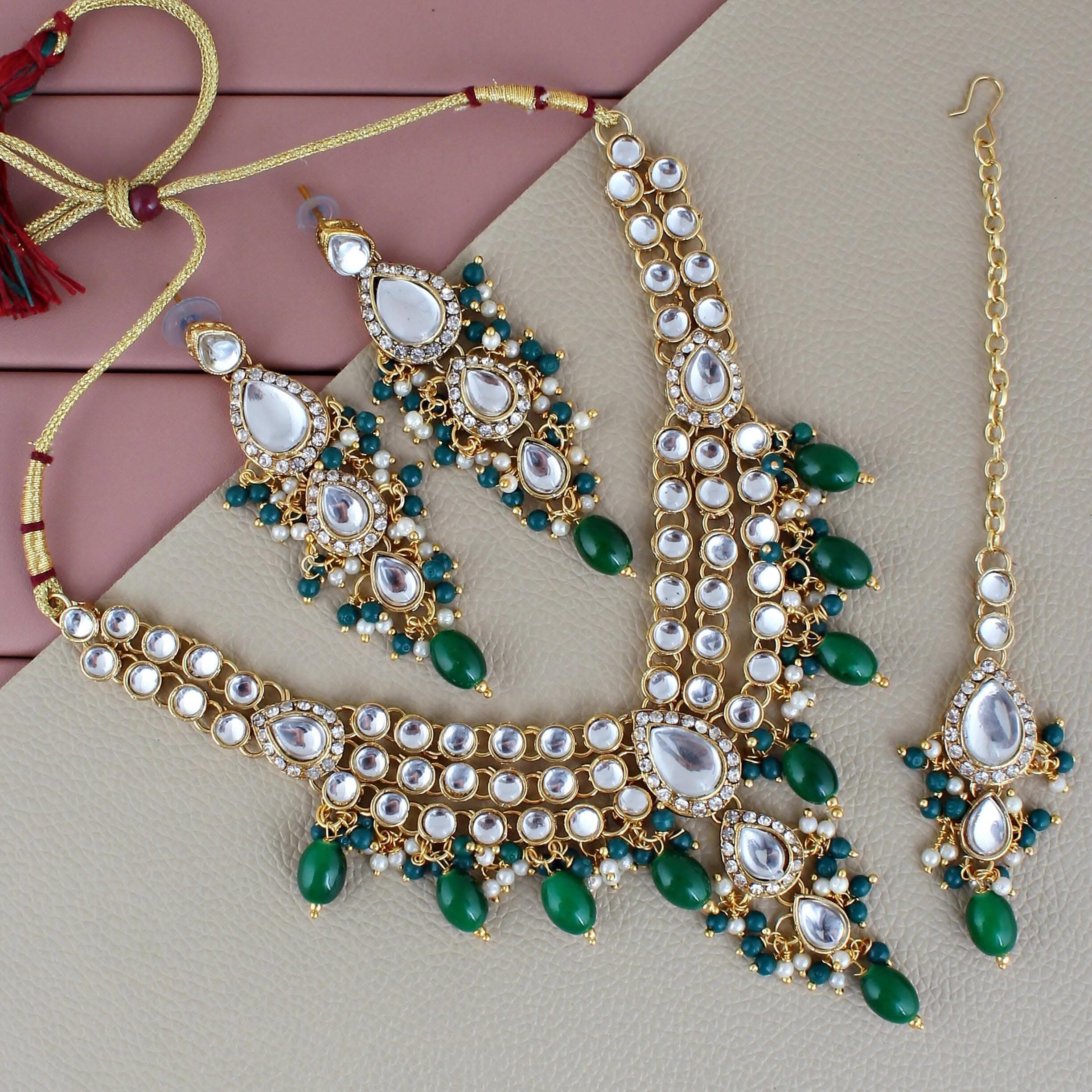 LUCKY JEWELLERY Gold Plated White Green Color Tika Earring Necklace Combo Kundan Jewellery Set - HalfPe